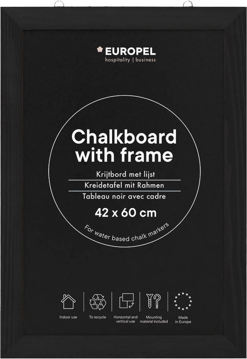 Europel krijtbord met lijst – muurdecoratie – tekenbord - zwart - 42x60cm