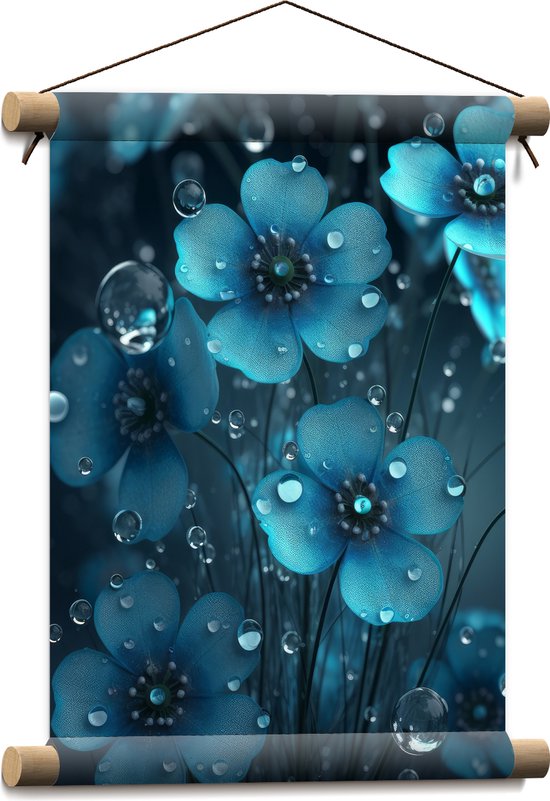 Textielposter - Waterdruppels op Blauwe Vergeet-mij-nietjes Bloemen - 30x40 cm Foto op Textiel