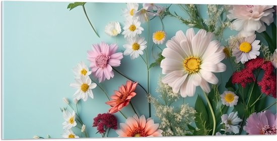 Acrylglas - Verschillende Kleuren en Soorten Bloemen op Pastelblauwe Achergrond - 100x50 cm Foto op Acrylglas (Wanddecoratie op Acrylaat)