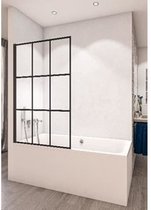 Linkse uitvoering badscherm. Model Gascogne, Atelier N° 3 8 mm gehard glas. L 75 cm x H 140 cm. Zwart scharnierend draaiprofiel