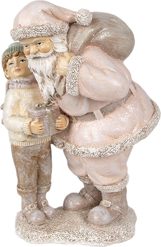 Clayre & Eef Beeld Kerstman 13x11x18 cm Roze Polyresin Kerstdecoratie