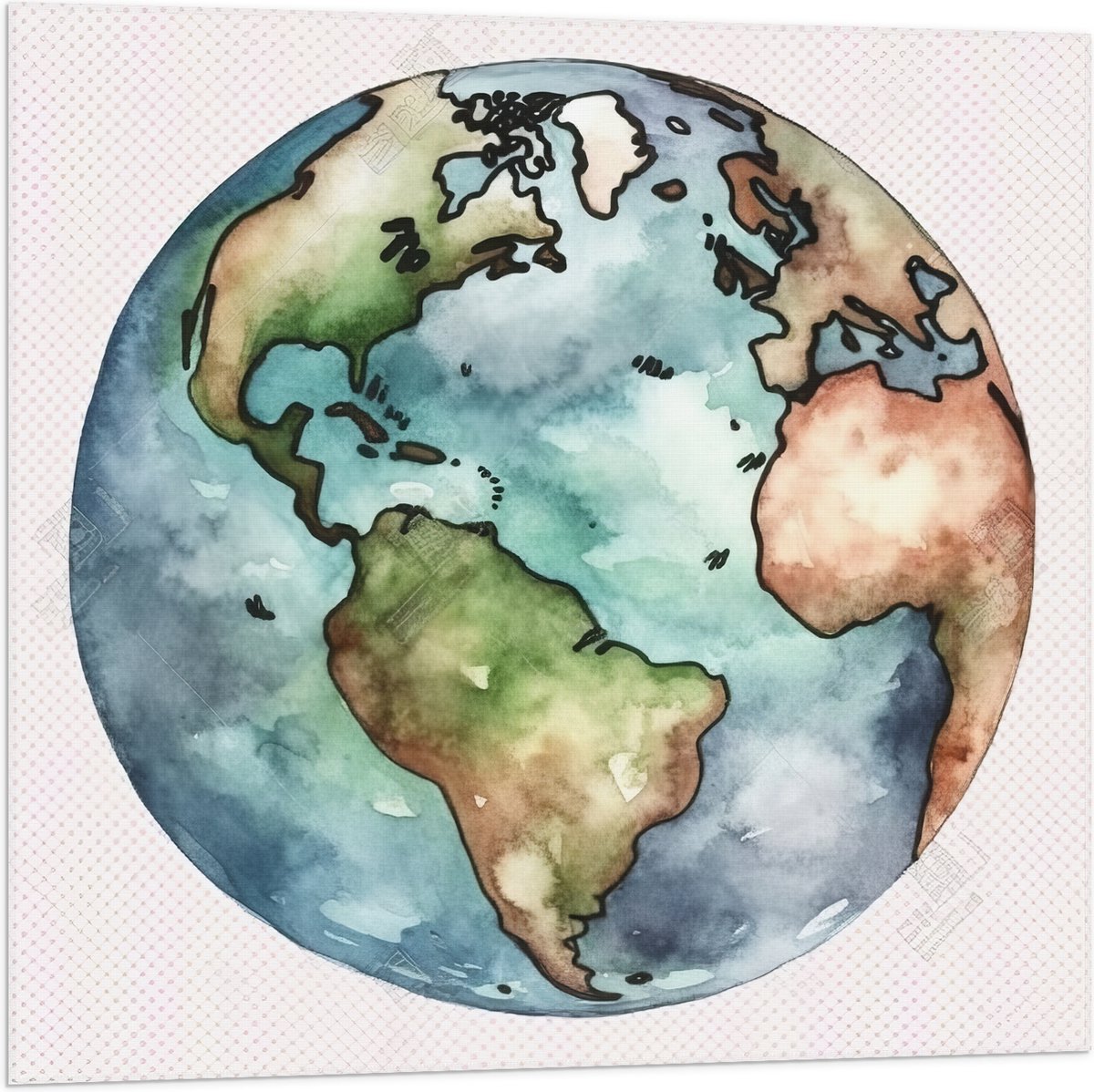 Vlag - Waterverf Tekening van een Wereldbol tegen Witte Achtergrond - 80x80 cm Foto op Polyester Vlag