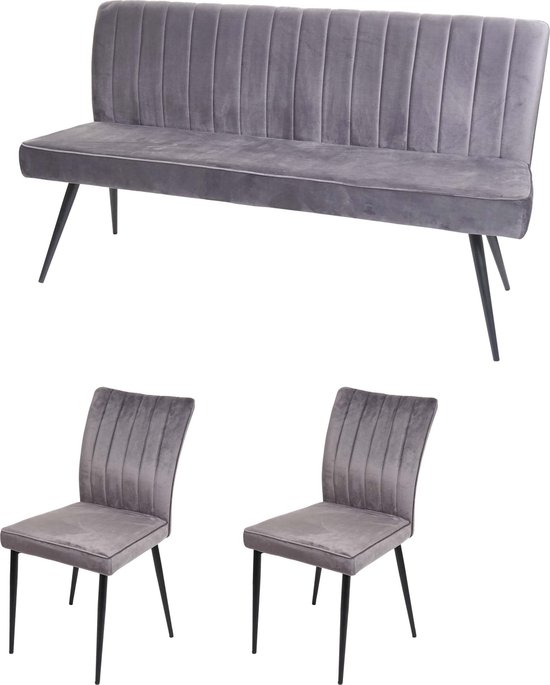 Eetkamerset MCW-K16, set van 2 stoelen + bankje Eetkamerset, fluweel metaal ~ donkergrijs