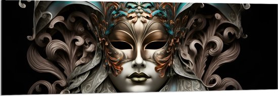 Acrylglas - Wit Venetiaanse carnavals Masker met Blauwe en Gouden Details tegen Zwarte Achtergrond - 150x50 cm Foto op Acrylglas (Wanddecoratie op Acrylaat)