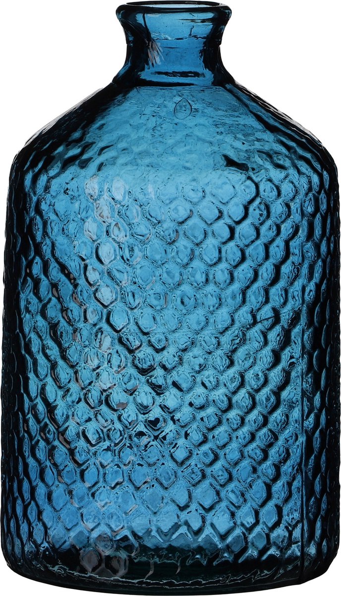 Natural Living Bloemenvaas Scubs Bottle - blauw geschubt transparant - glas - 18 x 31 cm - Fles vazen