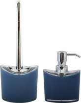 MSV Toiletborstel in houder/zeeppompje - badkamer set Aveiro - kunststof - donkerblauw