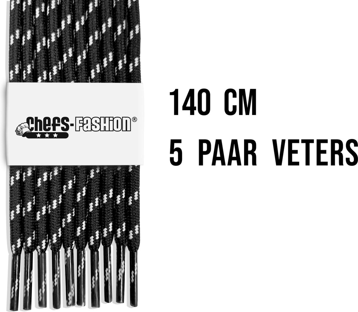 Chefs Fashion - Werk/Wandelschoen - Veters - Zwart/Wit - 140cm lang - 4mm dik - 5 paar