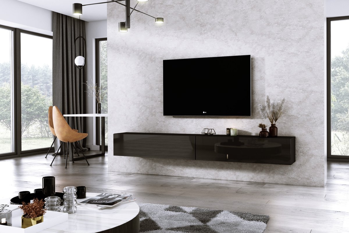 Meubel Square - TV meubel DIAMOND - Zwart / Hoogglans Zwart - 240cm (2x120cm) - Hangend TV Kast