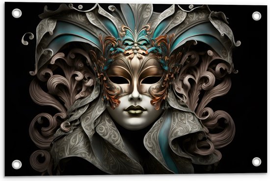 Tuinposter – Wit Venetiaanse carnavals Masker met Blauwe en Gouden Details tegen Zwarte Achtergrond - 60x40 cm Foto op Tuinposter (wanddecoratie voor buiten en binnen)