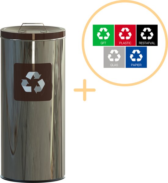 Alda Eco Prestige Bin, Prullenbak - 45L - RVS Bruin - Afvalscheiding Prullenbakken - Gemakkelijk Afval Scheiden – Recyclen - Afvalemmer - Vuilnisbak voor huishouden en kantoor - Afvalbakken - Inclusief 5-delige Stickerset