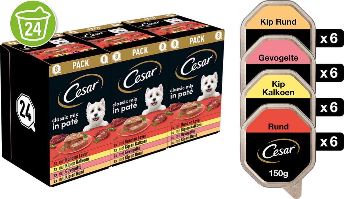 Cesar – Classic Mix – hondenvoer – honden natvoer – pathé – maaltijdkuipjes 24 x 150 g
