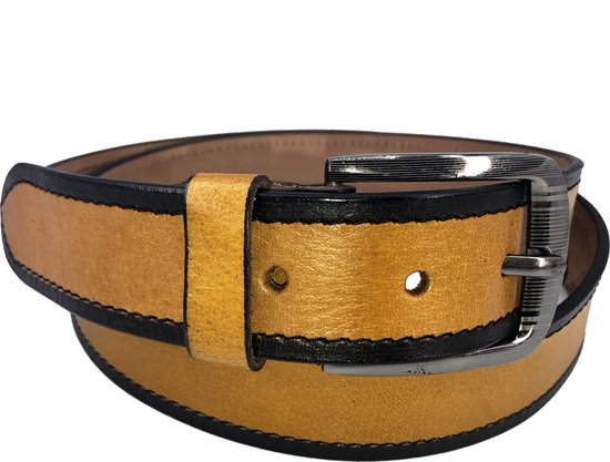 Natuurleren riem dubbelkleur Kerrie Donkerbruin, maat 90 cm., 4 cm. breed