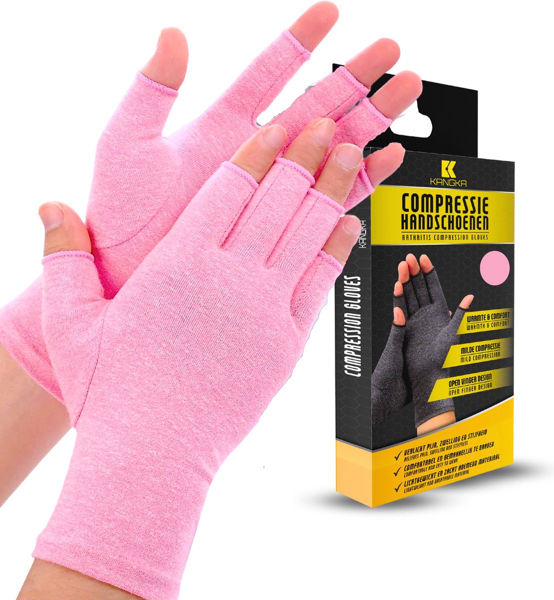 KANGKA® Reuma Compressie Handschoenen - Open vingertoppen voor Bewegingsvrijheid - Verlichting van Artritis en Reumatische Pijn - Maat L - Roze Kleur