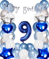 Snoes Ballonnen 9 Jaar Set Mega Blauw Zilver Ballon - Compleet Feestpakket Cijferballon 9 Jaar - Verjaardag Versiering Slinger Happy Birthday – Folieballon – Latex Ballonnen - Helium Ballonnen