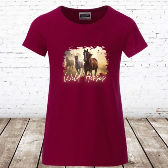 Paarden shirt wild horses bordeaux -James & Nicholson-98/104-t-shirts meisjes