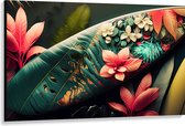 Canvas - Surfboard met Patroon van Planten en Bloemen - 150x100 cm Foto op Canvas Schilderij (Wanddecoratie op Canvas)