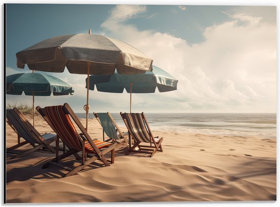 Dibond - Strandstoelen en Parasols op het Strand op Bewolkte Dag - 40x30 cm Foto op Aluminium (Met Ophangsysteem)