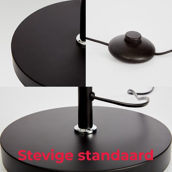 Close-up van de ronde, stevige voet van een zwarte staande lamp en de aan/uit schakelaar.