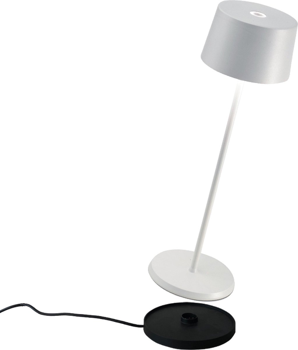 Zafferano Olivia Pro Tafellamp - Oplaadbare Buitenlamp Wit - Spatwaterdicht (IP65) - Bureaulamp Snoerloos - Dimbare LED Lamp - Draadloos Oplaadstation - Terraslamp - USB Oplaadbaar - 35 cm x Ø11 cm