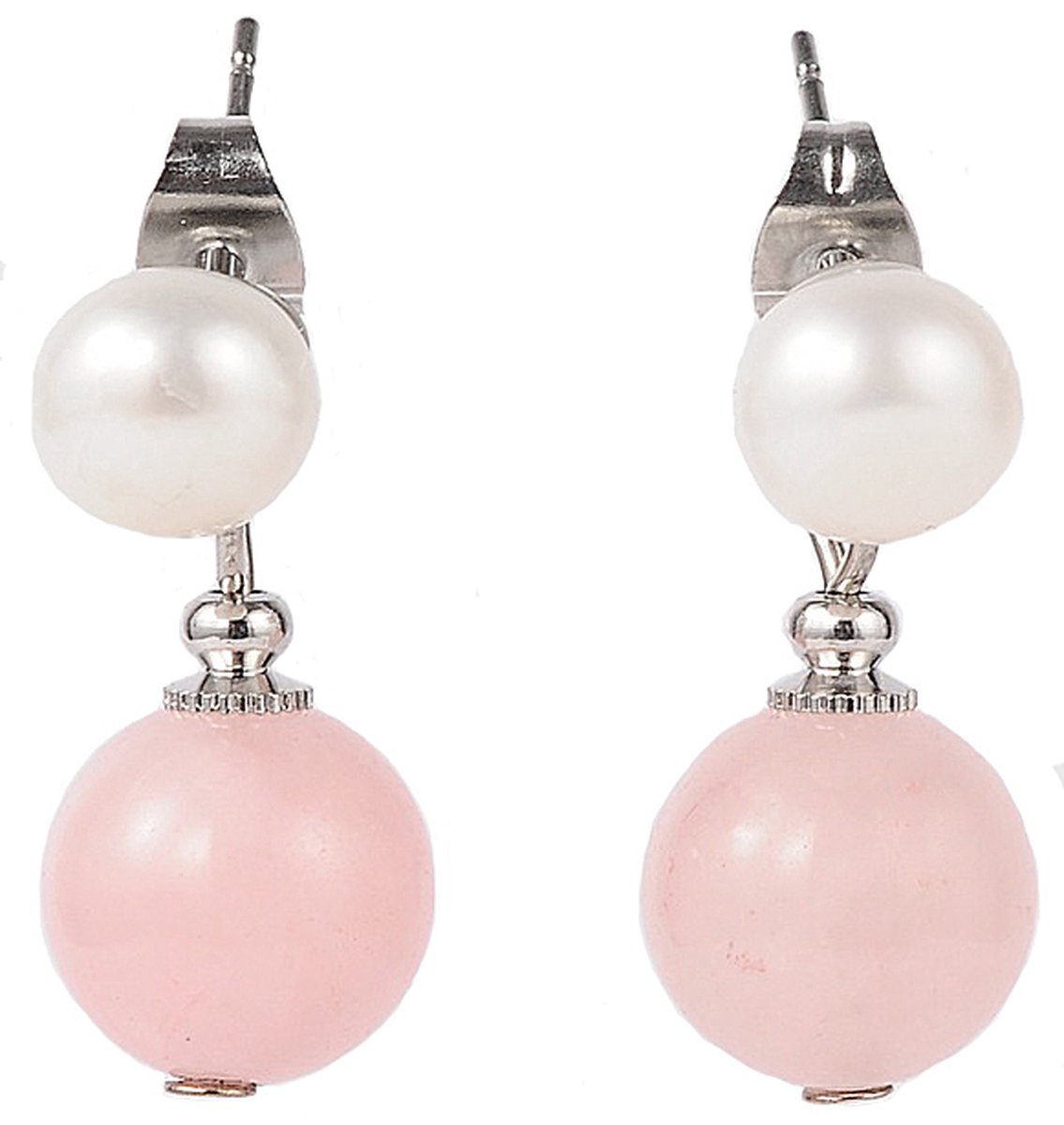 Zoetwaterparel met edelstenen oorbellen Pearl Stud Rose Quartz - oorstekers - echte parels - rozenkwarts - wit - roze