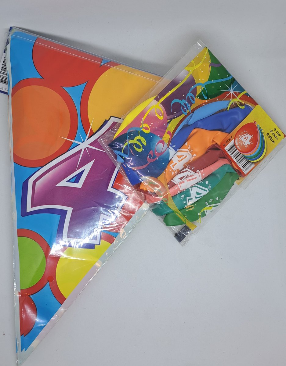 versier - pakket 4 jaar vlaggenlijn en ballonnen voor vrolijke verjaardag