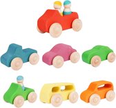 Houten speelgoedauto's met poppetjes - Regenboogkleuren - Open einde speelgoed - Educatief montessori speelgoed - Grapat en Grimms style