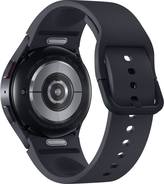 Samsung Galaxy Watch6 in grafietkleur, de onderkant zichtbaar, met een zwarte sportband.