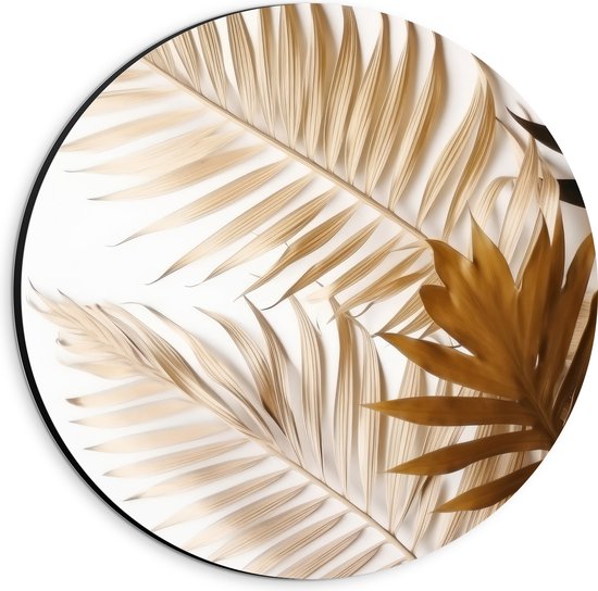 Dibond Muurcirkel - Tropische Bladeren in Goudtinten tegen Witte Achtergrond - 20x20 cm Foto op Aluminium Muurcirkel (met ophangsysteem)