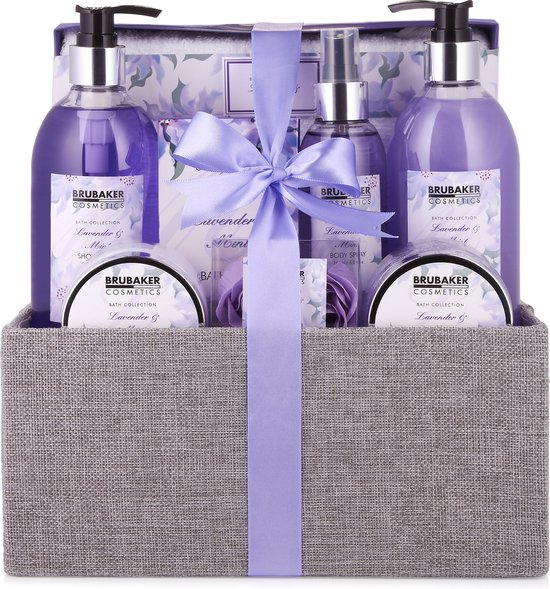 BRUBAKER Cosmetics Bad en Body Set - Lavendel Munt Geur - Cadeautip Vrouw - Cadeau Idee - Kerstcadeau - 12-delige Cadeauset in Decoratieve Jute Box - Cadeau