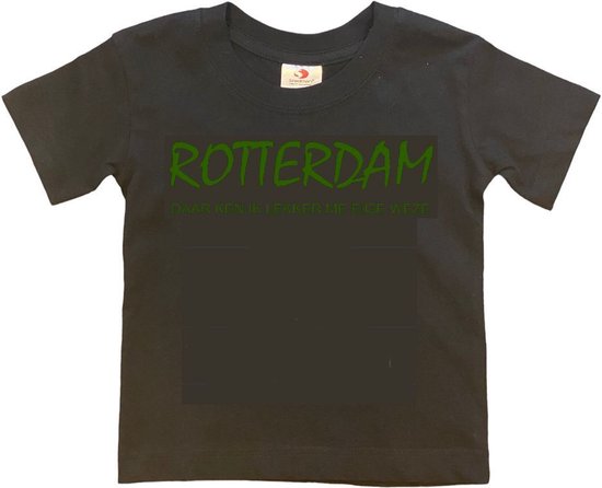 Rotterdam Kinder t-shirt | Rotterdam daar ken ik lekker me eige weze | Verjaardagkado | verjaardag kado | grappig | jarig | Rotterdam | Feyenoord | cadeau | Cadeau | Zwart/groen | Maat 158/164