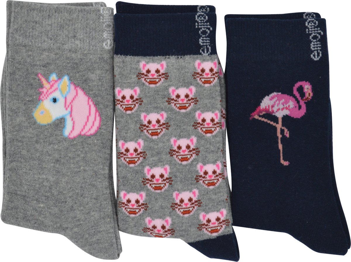 Meisjes sokken Emoji - 3 paar - unicorn, poezen en flamingo - 35/38