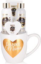 BRUBAKER Cosmetics - Danke Mama (Dank U Mama) - 5-delige Rose Vanille Geurende Bad Set - Cadeautip Vrouw - Cadeau Idee - Mama Cadeauset in Koffiekop met Hartdecor - Witgoud - Moederdag cadeautje