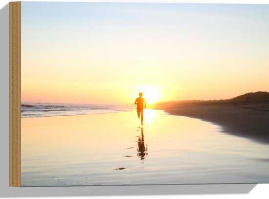 Hout - Strand - Zonsondergang - Persoon - Zee - Voetstappen - 40x30 cm - 9 mm dik - Foto op Hout (Met Ophangsysteem)