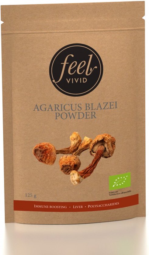 Bruine zak met "feel VIVID" logo, 125g Agaricus Blazei poeder met gedroogde paddestoelen, "IMMUNE BOOSTING LIVER POLYSACCHARIDES".
