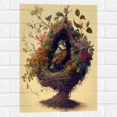 Muursticker - Koolmees Vogel in het Nest Versierd met Bloemen - 40x60 cm Foto op Muursticker