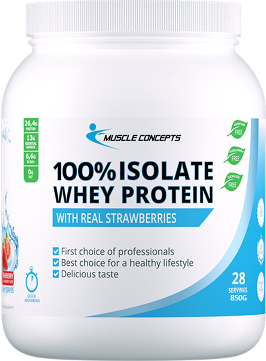 100% Isolate Whey Protein zonder overbodige toevoegingen, gezoet met Stevia | Muscle Concepts - Poeder - Aardbei smaak - 850G