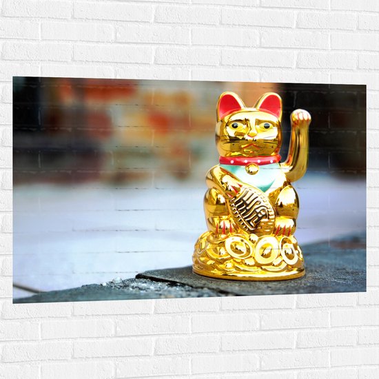 Muursticker - Japans Kattenbeeldje in het Goud - 120x80 cm Foto op Muursticker