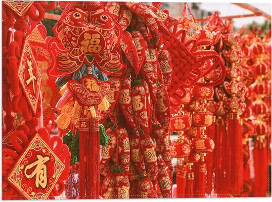 Vlag - Kraam Vol Rode Chinese Versieringen - 40x30 cm Foto op Polyester Vlag