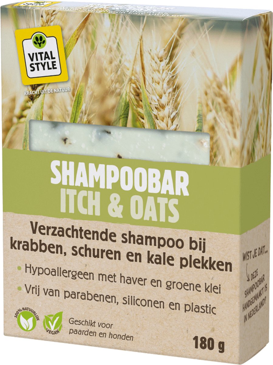 VITALstyle Shampoobar - Itch & Oats - Hondenshampoo - Paardenshampoo - Bij Krabben, Schuren & Kale Plekken - Met Haver & Groene Klei- 180 g - VITALstyle