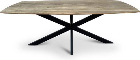Floor tafel met gecurved Mango houten blad van 300 x 110 cm met facetrand aan onderzijde. Bladkleur naturel gezandstraald. Onderstel is een spinpoot in de kleur zwart.