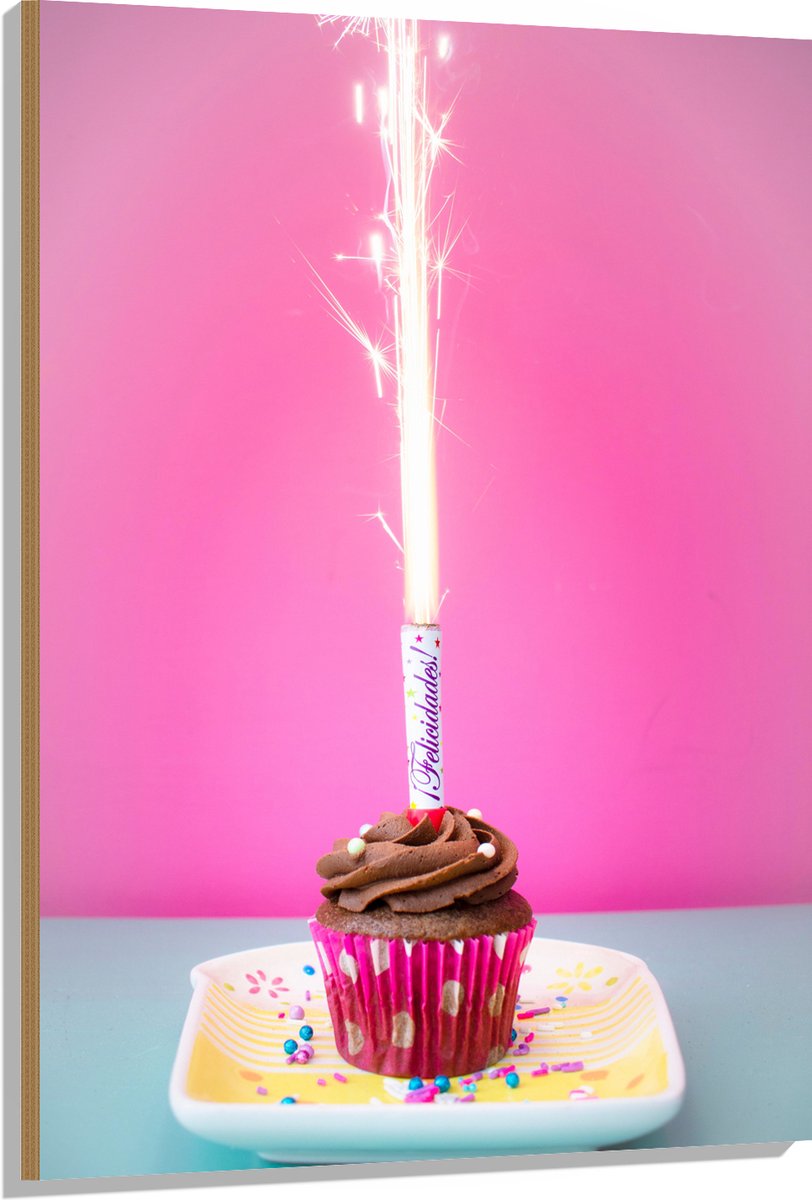 Hout - Verjaardagscupcake met Chocolade Topping en Fontein - 80x120 cm - 9 mm dik - Foto o