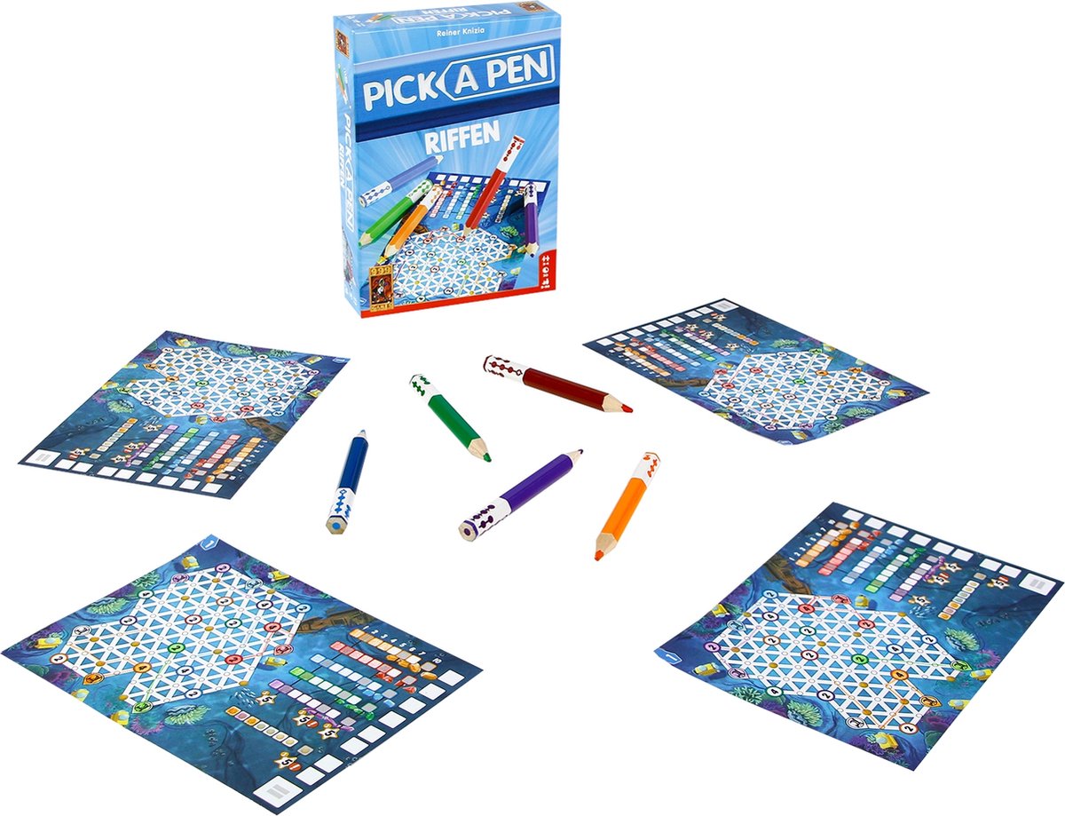 999 Games - Pick a Pen - Riffen - Dobbelspel - Dobbelen met potloden - Scorevellen van 3 verschillende niveaus - Gezelschapsspel - Familiespel - Klein cadeautje - bevat spelregels in NL en EN — afbeelding 2