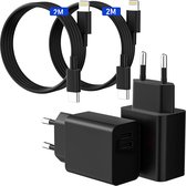 Snellader met 2x USB C Kabels - Geschikt voor Apple iPad en iPhone - USB C Adapter 2 Poorten - 2 Meter - Origineel Phreeze