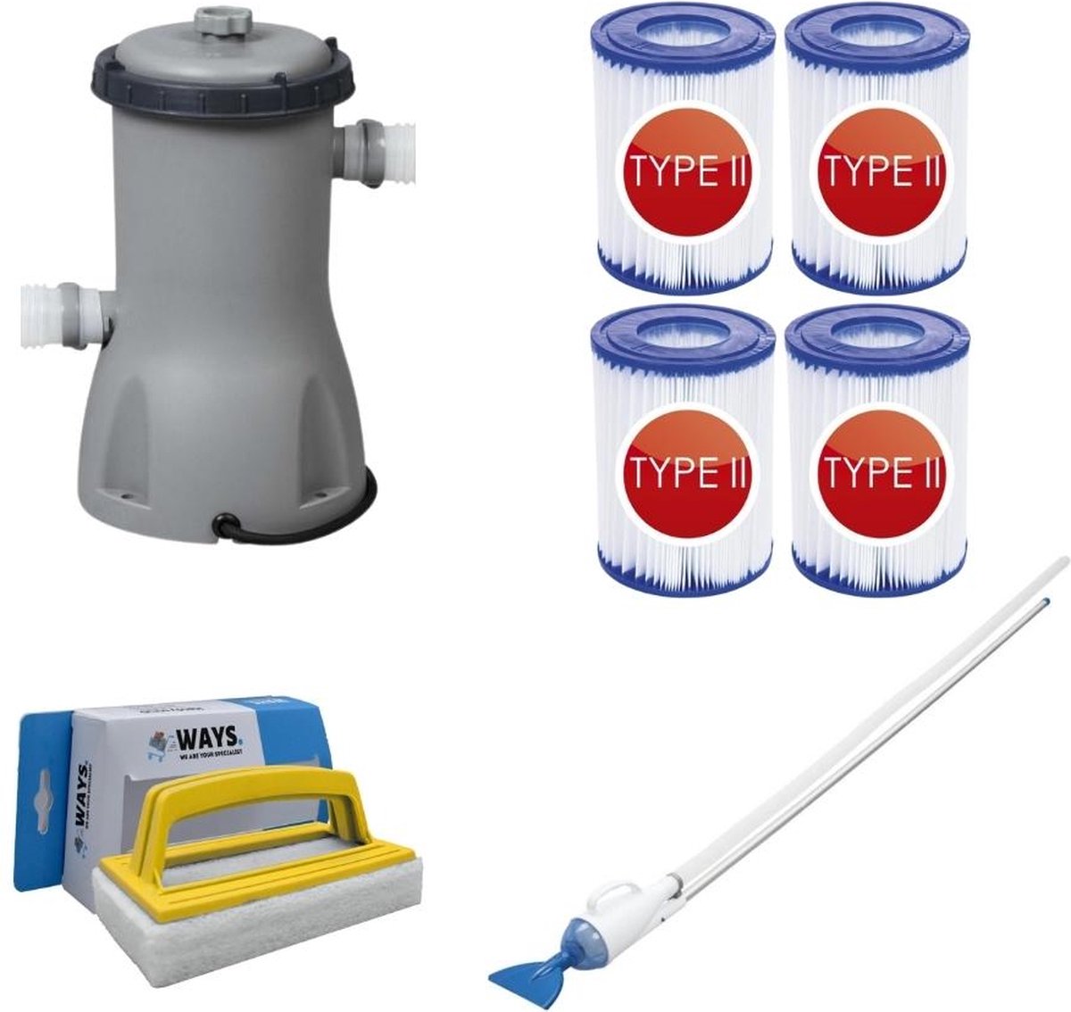 Bol.com Bestway - Zwembadstofzuiger AquaReach & Zandfilterpomp 8327 L/u & Filterbollen 2000 g & WAYS Scrubborstel aanbieding