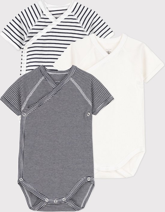 Petit Bateau SET VAN 3 OVERSLAGBODY'S MET KORTE MOUWEN EN STREEPJES VAN KATOEN Unisex Rompertje - Wit/Blauw + Blauw/Wit + Wit