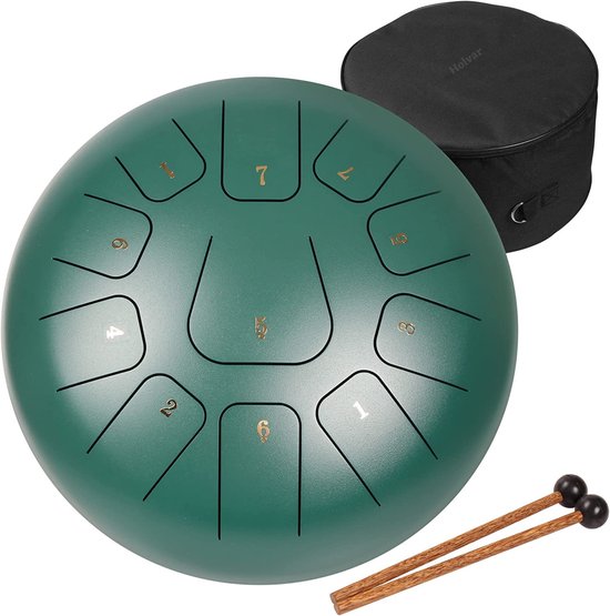 Tongue Drum L | 25cm | 11 tonen | Klankschaal | Lotus Drum | Meditatie | Yoga | Handpan | Groen - HOLVAR