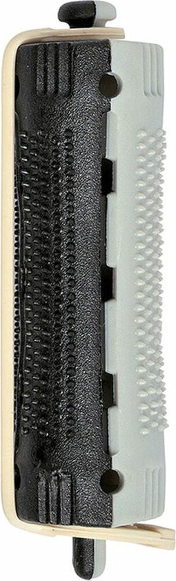 Xanitalia Pro haarroller, 16 mm, grijs en zwart plastic met een houten staafje.