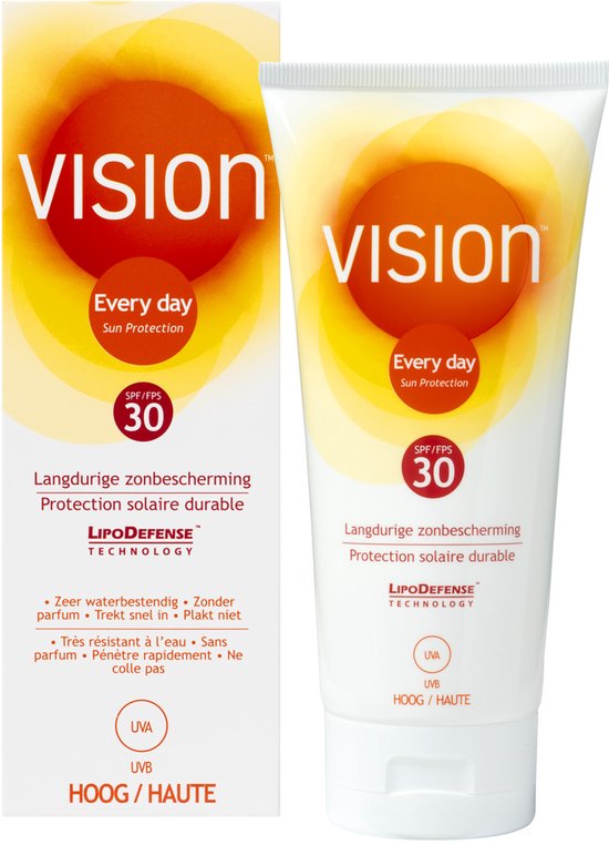 Vision Every day Sun Protection zonnebrandcrème met SPF 30 in een witte tube en doos met oranje cirkels.
