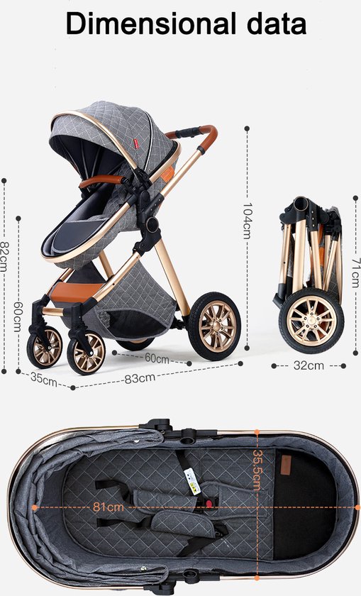 Afmetingen van de grijze kinderwagen in uitgeklapte en ingeklapte toestand, en de binnenmaat van de reiswieg.