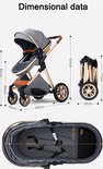 Afmetingen van de grijze kinderwagen in uitgeklapte en ingeklapte toestand, en de binnenmaat van de reiswieg.